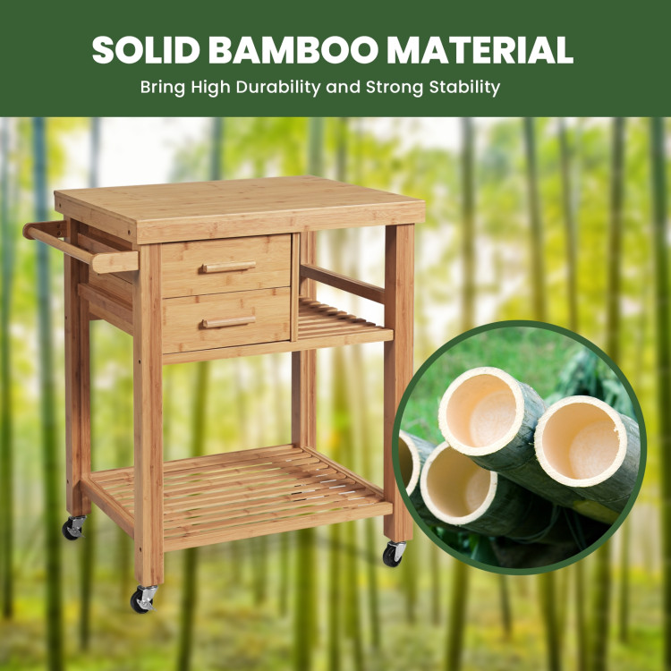 Bamboo Kitchen Trolley Cart with Tower Rack and DrawersCostway Gallery View 5 of 10