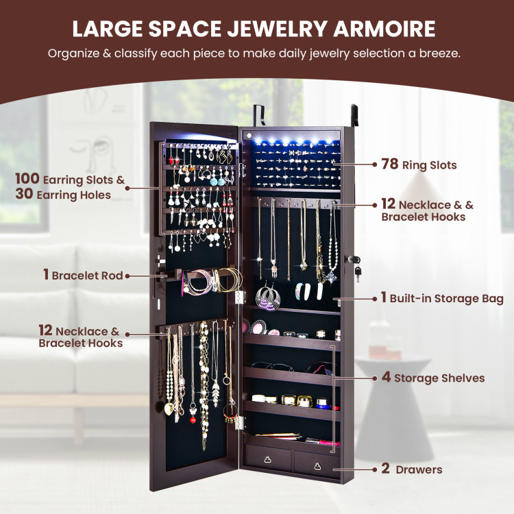 Wall Mounted Full Screen Mirror Jewelry Cabinet Armoire wirth 6 LEDs-BrownCostway Gallery View 8 of 10