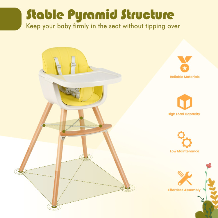 3-in-1 Convertible Wooden High Chair with Cushion-YellowCostway Gallery View 9 of 11