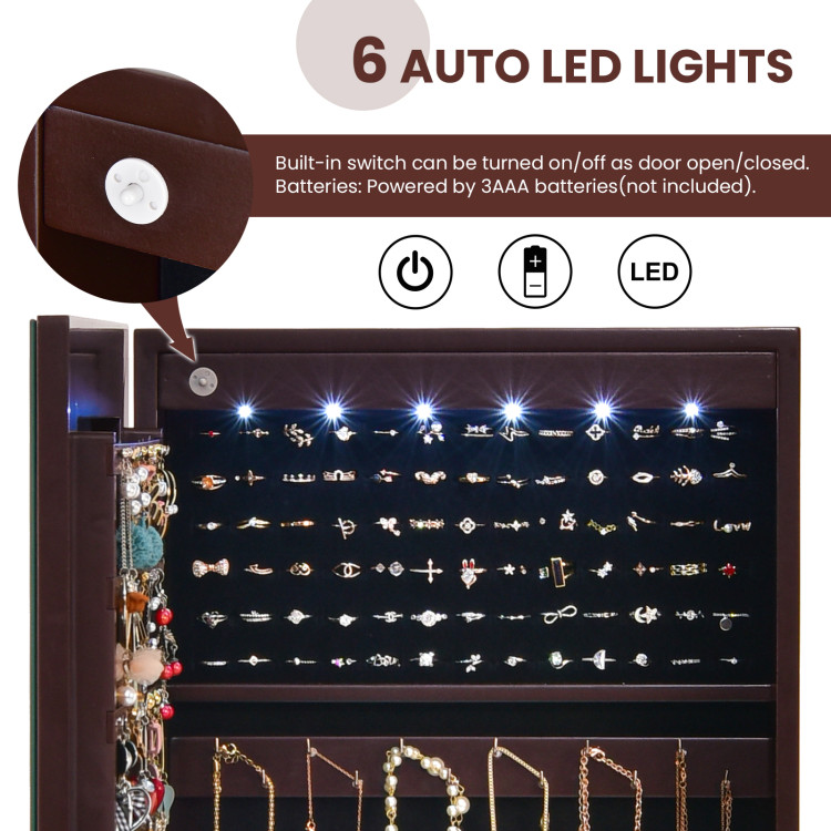 Wall Mounted Full Screen Mirror Jewelry Cabinet Armoire wirth 6 LEDs-BrownCostway Gallery View 6 of 10
