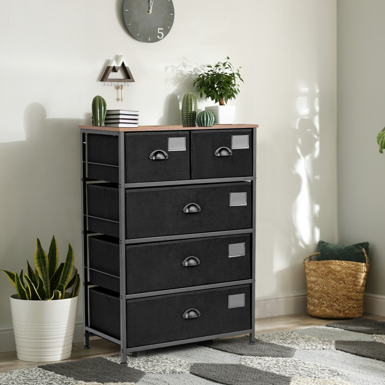 5-Drawer Storage Dresser with Labels and Removable Fabric Bins-BlackCostway Gallery View 1 of 11