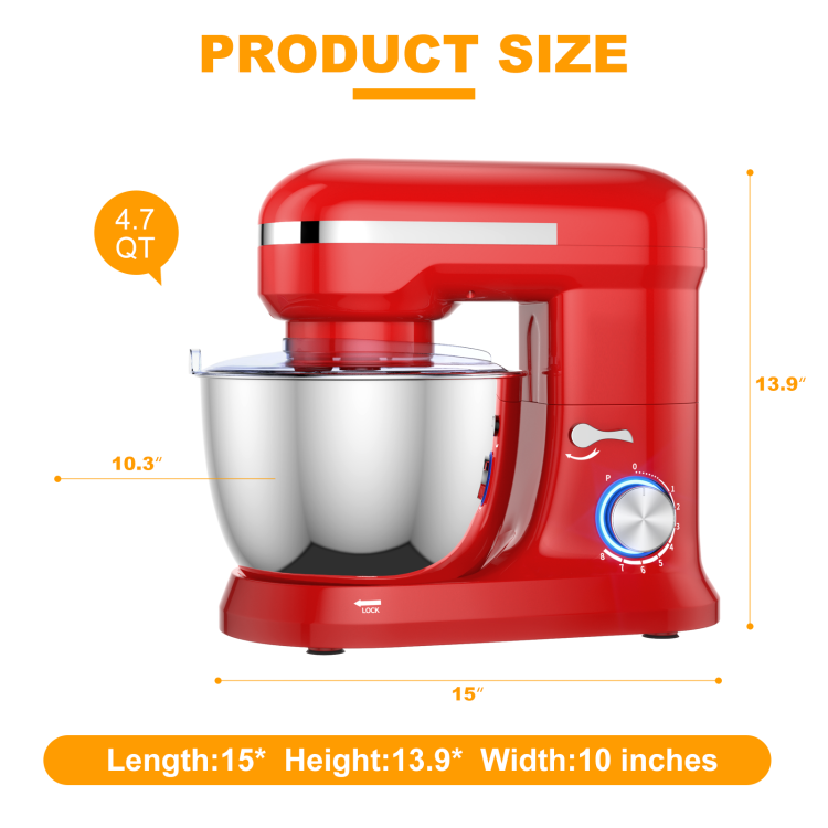 4.8 Qt 8-speed Electric Food Mixer with Dough Hook Beater-Red 