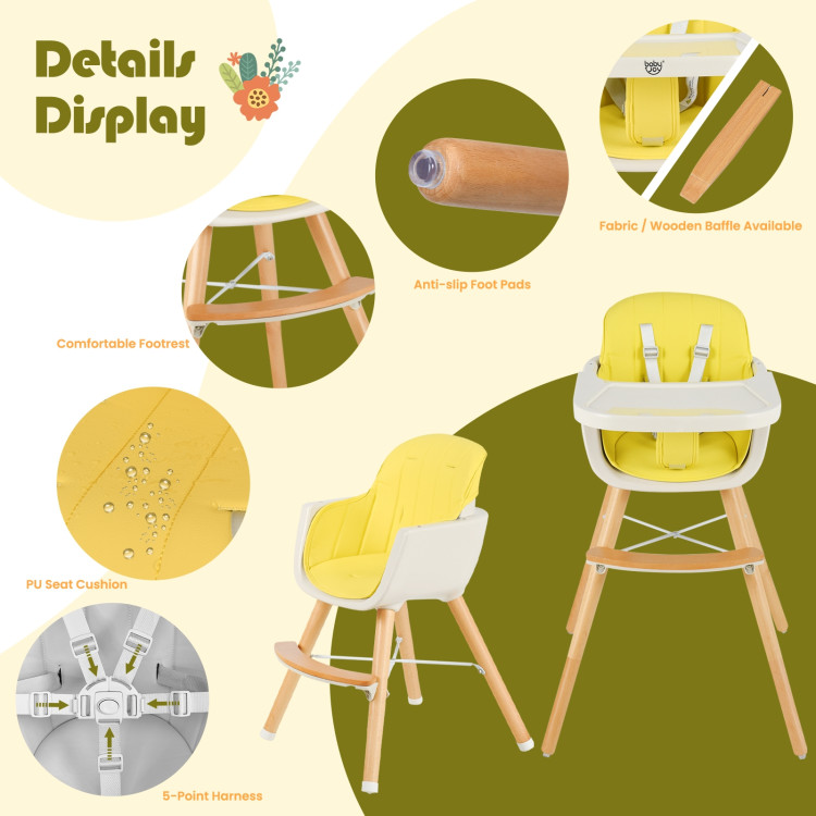 3-in-1 Convertible Wooden High Chair with Cushion-YellowCostway Gallery View 10 of 11