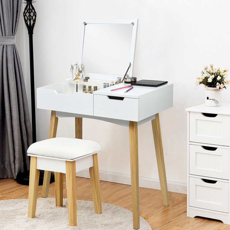 Wooden Vanity Table with Flip Top Mirror and Cushioned StoolCostway Gallery View 15 of 19
