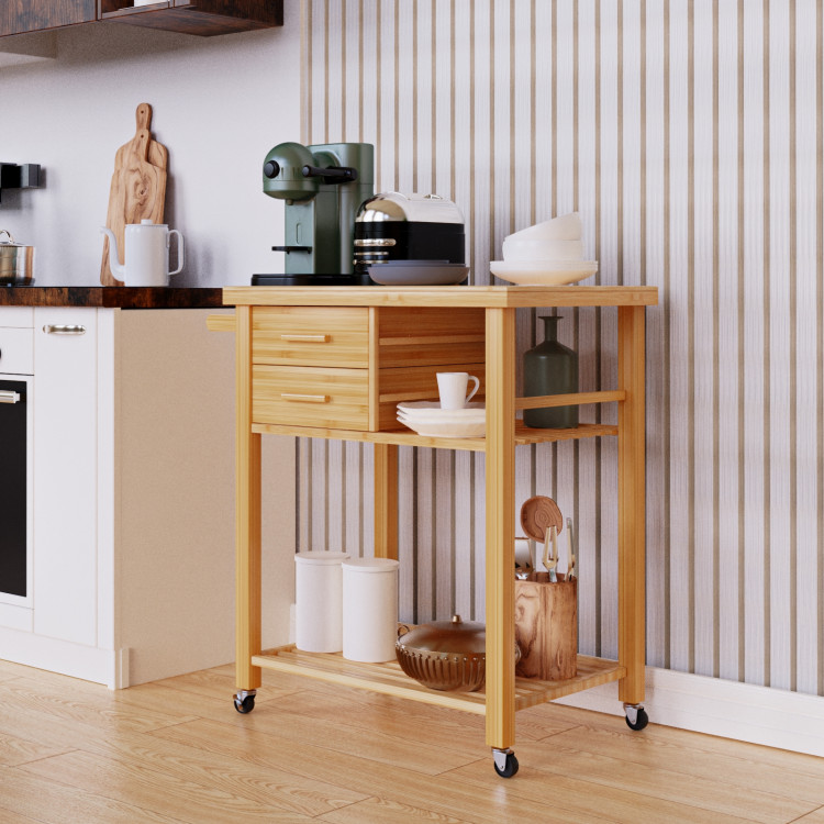 Bamboo Kitchen Trolley Cart with Tower Rack and DrawersCostway Gallery View 6 of 10