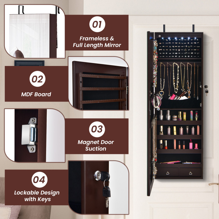 Wall Mounted Full Screen Mirror Jewelry Cabinet Armoire wirth 6 LEDs-BrownCostway Gallery View 9 of 10