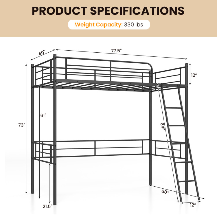 Metal Loft Twin Size Bed Frame with Ladder & Safety Guardrail - Gallery View 4 of 9