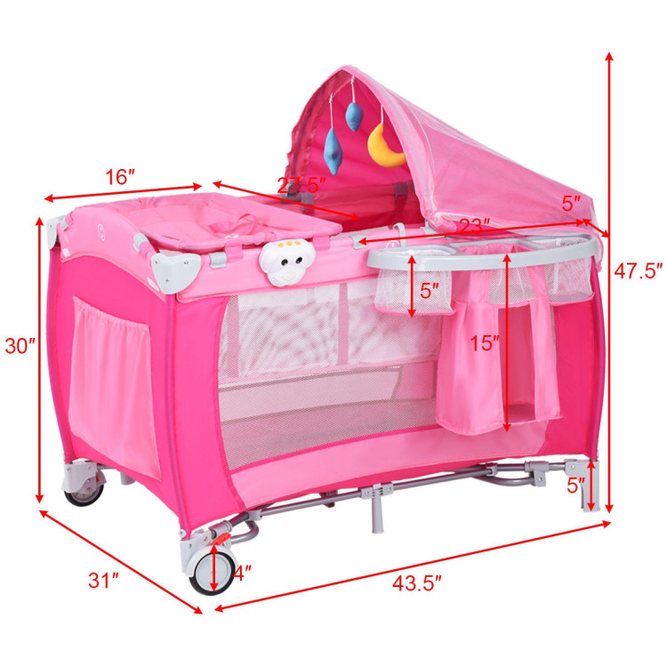 Foldable Baby Crib Playpen with Mosquito Net and Bag-PinkCostway Gallery View 8 of 12