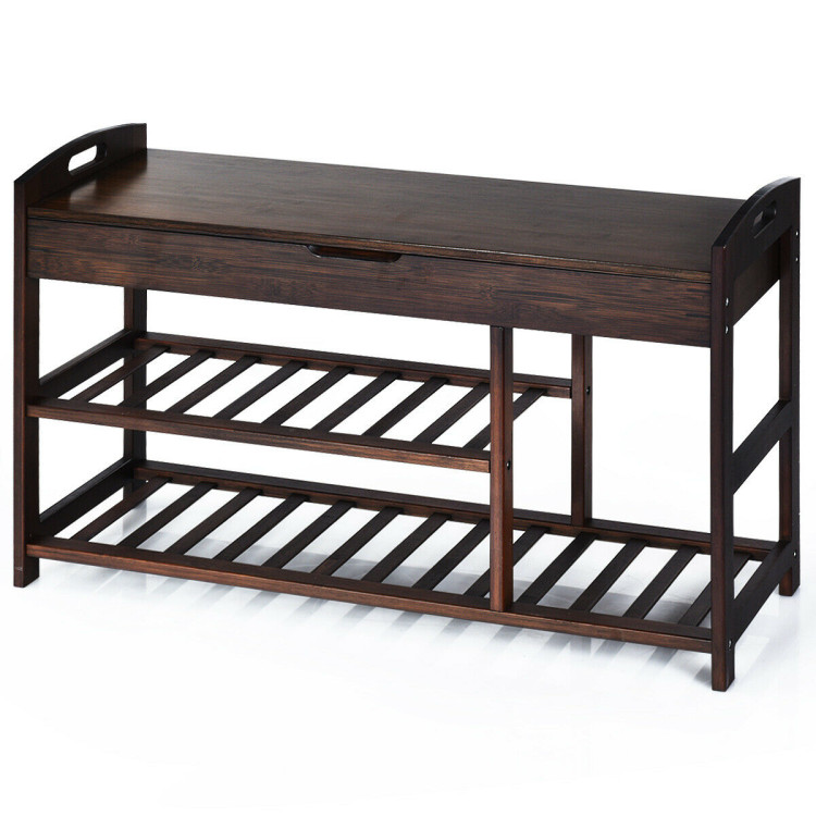 3-Tier Bamboo Shoe Bench Entryway Storage Rack with Openable Seat-BlackCostway Gallery View 3 of 11