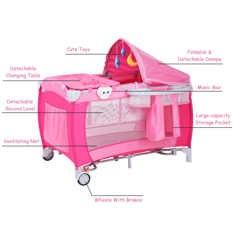Foldable Baby Crib Playpen with Mosquito Net and Bag-PinkCostway Gallery View 6 of 12