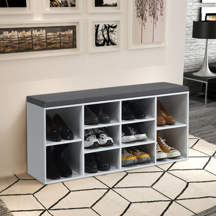 10-Cube Organizer Shoe Storage Bench with Cushion for Entryway-WhiteCostway Gallery View 2 of 13