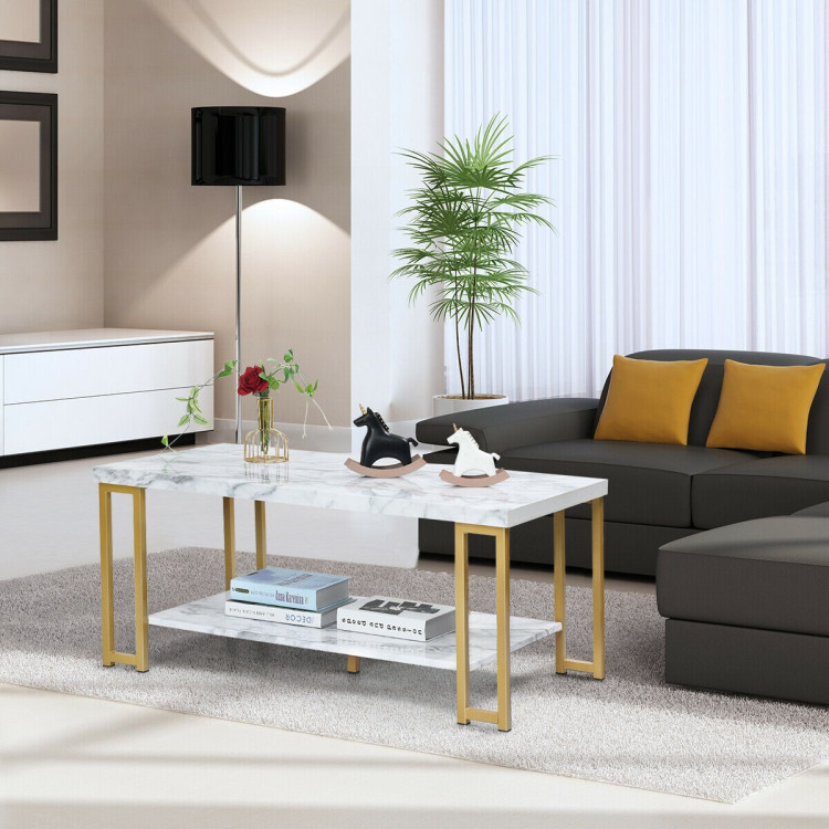 2-Tier Rectangular Modern Coffee Table with Gold Print Metal FrameCostway Gallery View 6 of 12