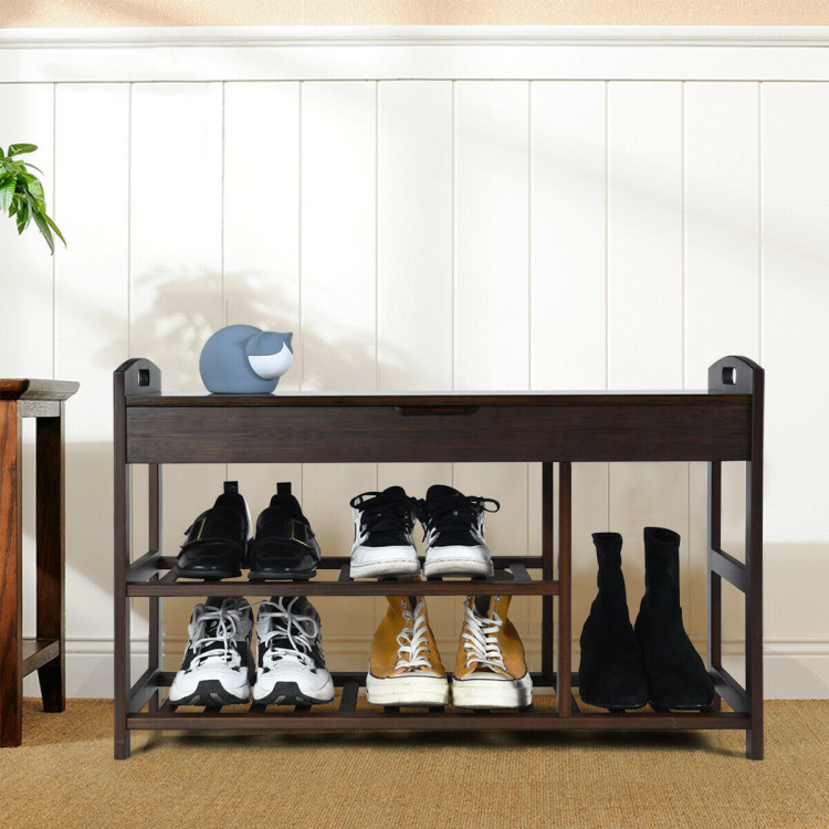 3-Tier Bamboo Shoe Bench Entryway Storage Rack with Openable Seat-BlackCostway Gallery View 1 of 11