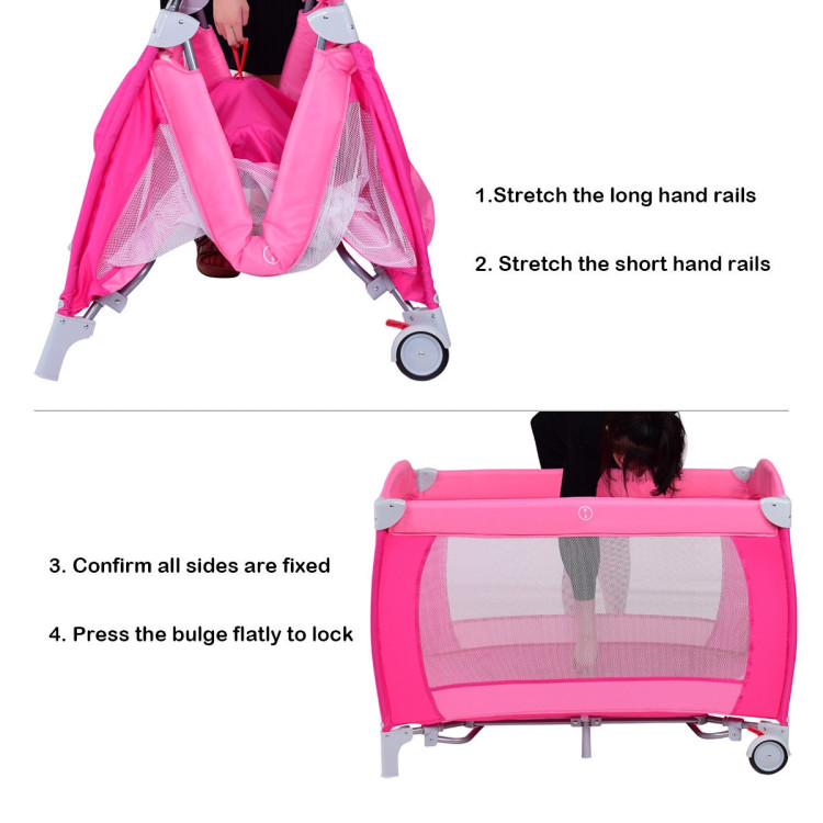 Foldable Baby Crib Playpen with Mosquito Net and Bag-PinkCostway Gallery View 7 of 12