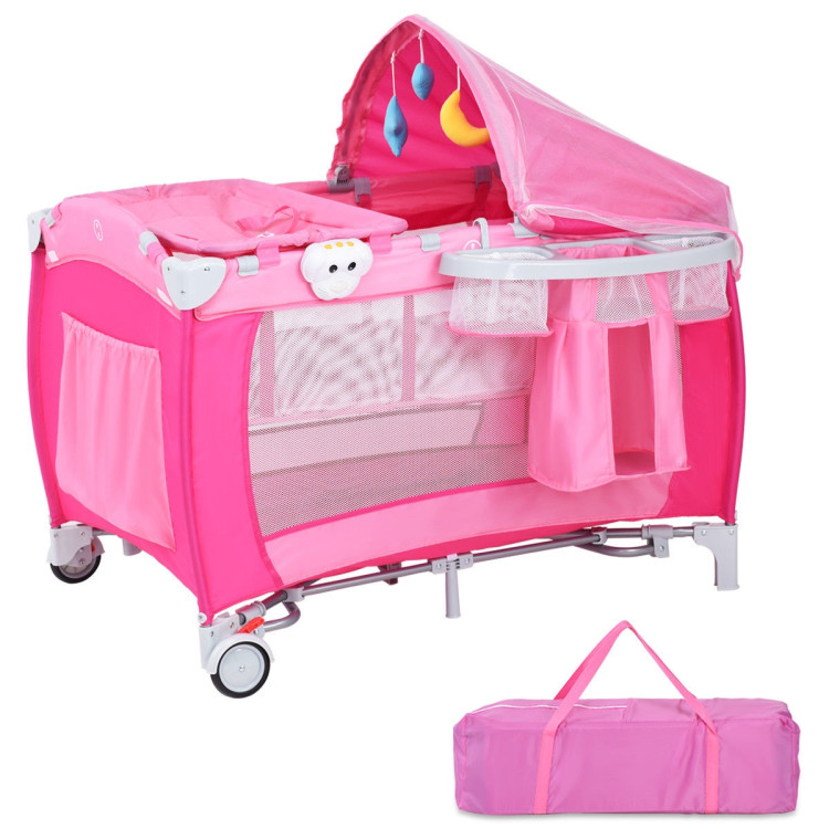 Foldable Baby Crib Playpen with Mosquito Net and Bag-PinkCostway Gallery View 9 of 12