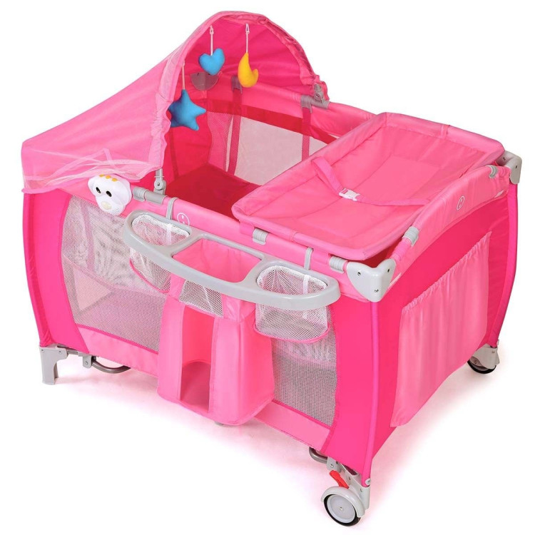 Foldable Baby Crib Playpen with Mosquito Net and Bag-PinkCostway Gallery View 1 of 12