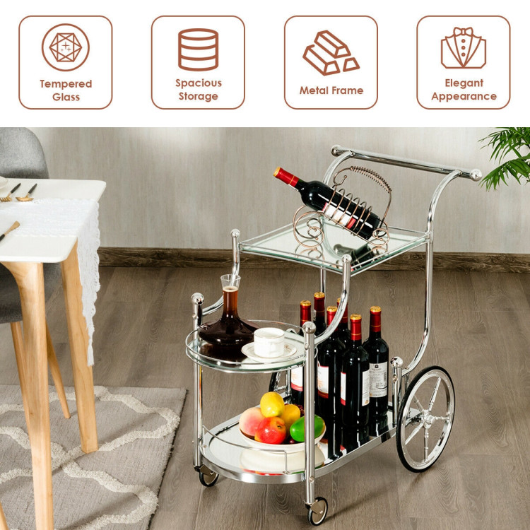 Kitchen Rolling Bar Cart with Tempered Glass Suitable for Restaurant and HotelCostway Gallery View 3 of 12