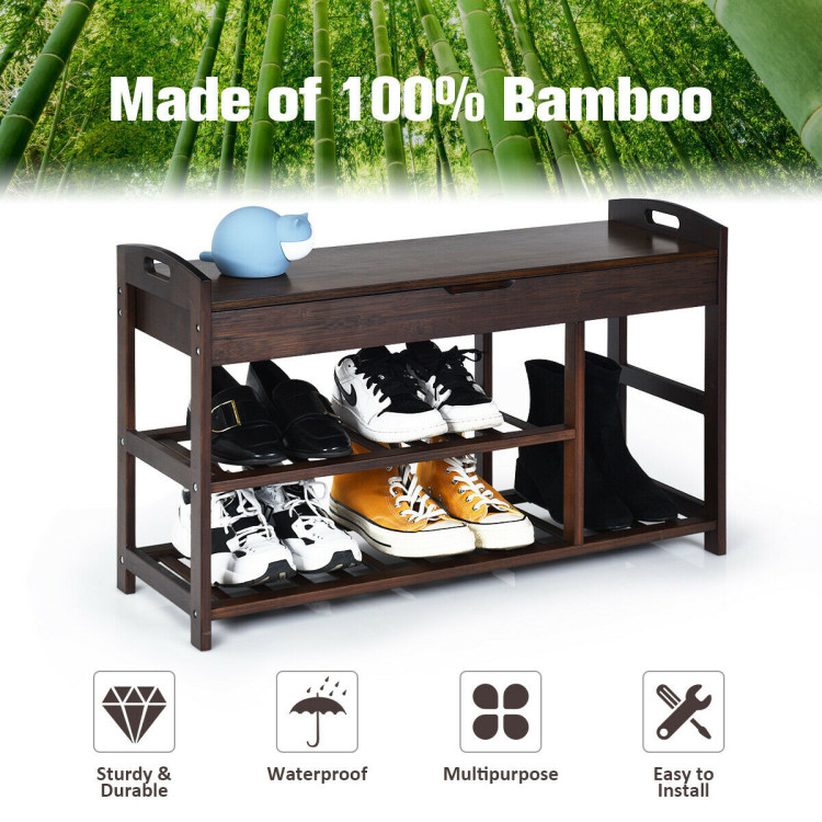 3-Tier Bamboo Shoe Bench Entryway Storage Rack with Openable Seat-BlackCostway Gallery View 5 of 11