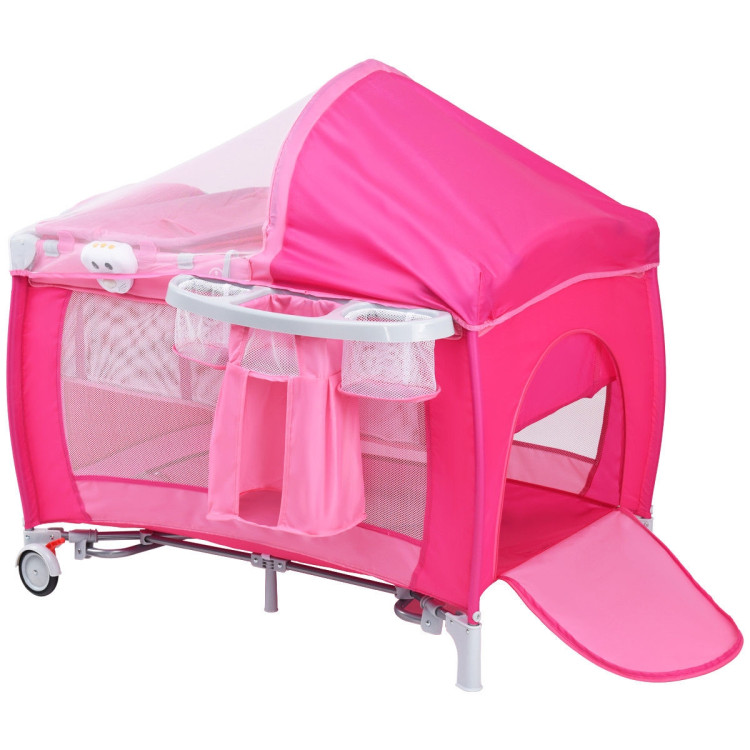 Foldable Baby Crib Playpen with Mosquito Net and Bag-PinkCostway Gallery View 4 of 12