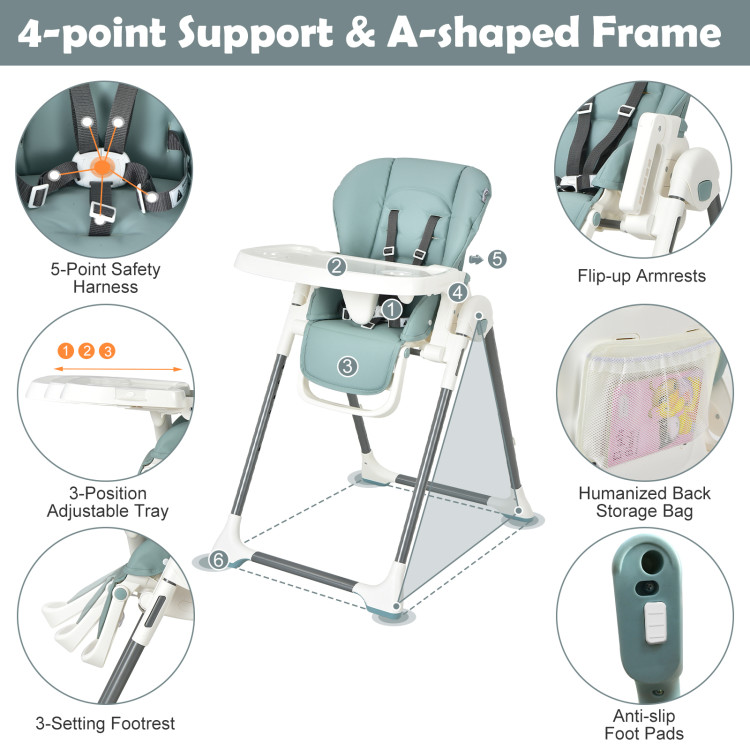 Foldable Baby High Chair with Double Removable Trays and Book Holder-GreenCostway Gallery View 5 of 11