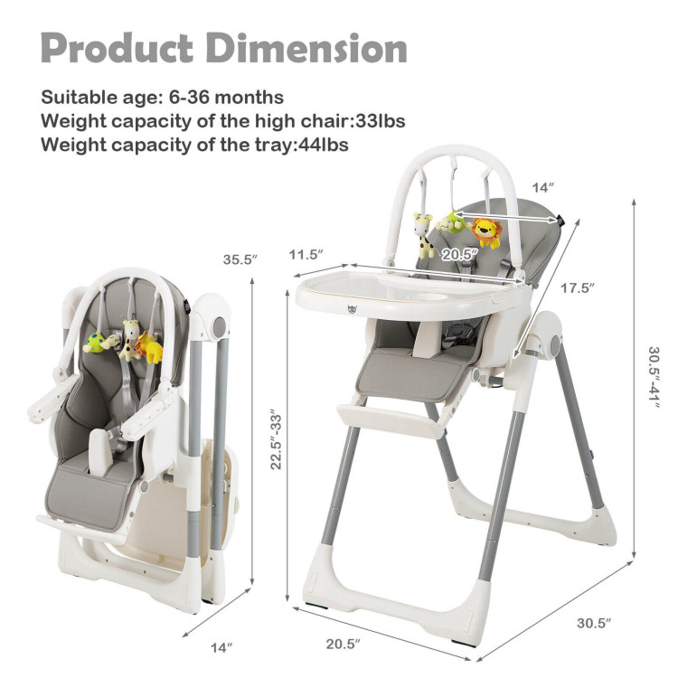 4-in-1 Foldable Baby High Chair with 7 Adjustable Heights and Free Toys Bar-GrayCostway Gallery View 4 of 10