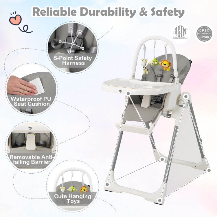 4-in-1 Foldable Baby High Chair with 7 Adjustable Heights and Free Toys Bar-GrayCostway Gallery View 8 of 10