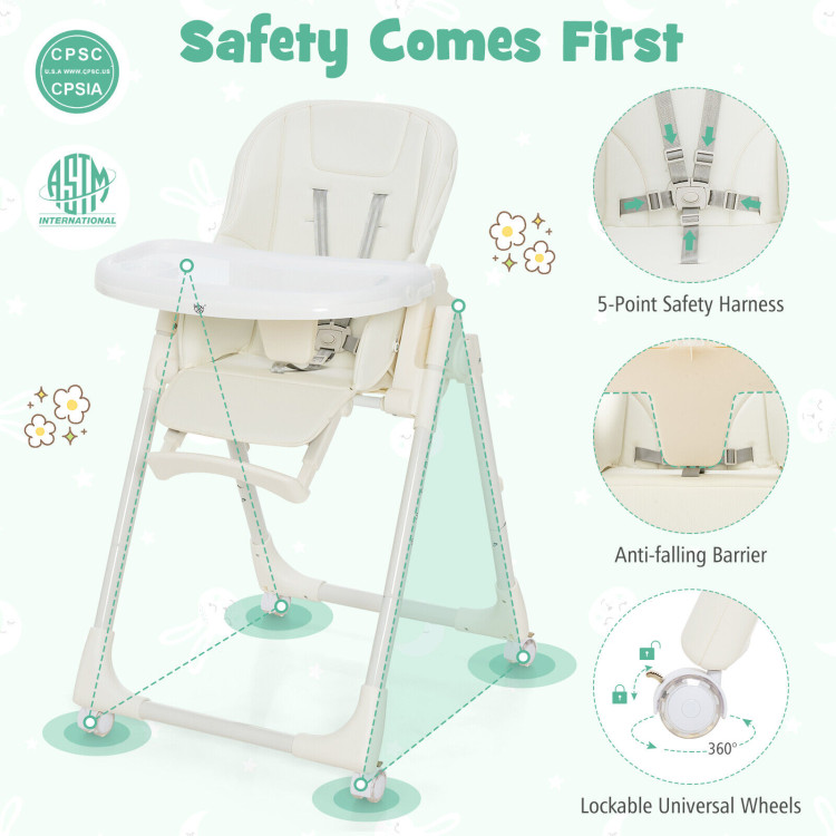 Folding High Chair with Height Adjustment and 360° Rotating WheelsCostway Gallery View 8 of 10