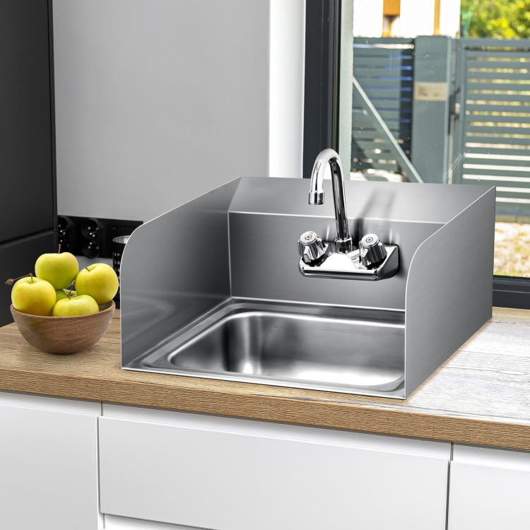 Stainless Steel Sink Wall Mount Hand Washing Sink with Faucet and Side SplashCostway Gallery View 2 of 11