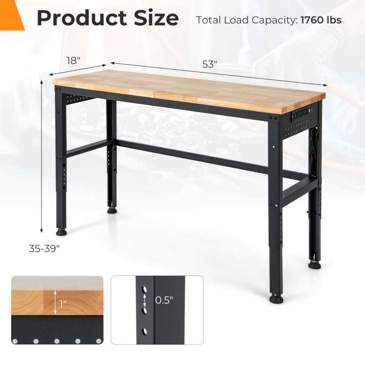 53 Inch Adjustable Heavy-Duty Workbench with Rubber Wood Top - Costway