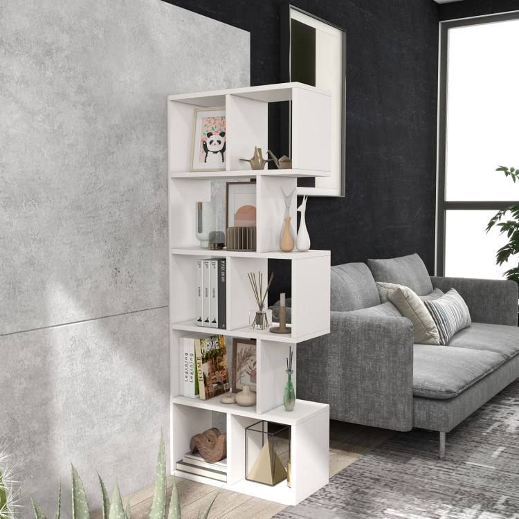 5 Tiers 63 Inch Tall Geometric Wooden Bookshelf with 8 Display Shelves-WhiteCostway Gallery View 7 of 11