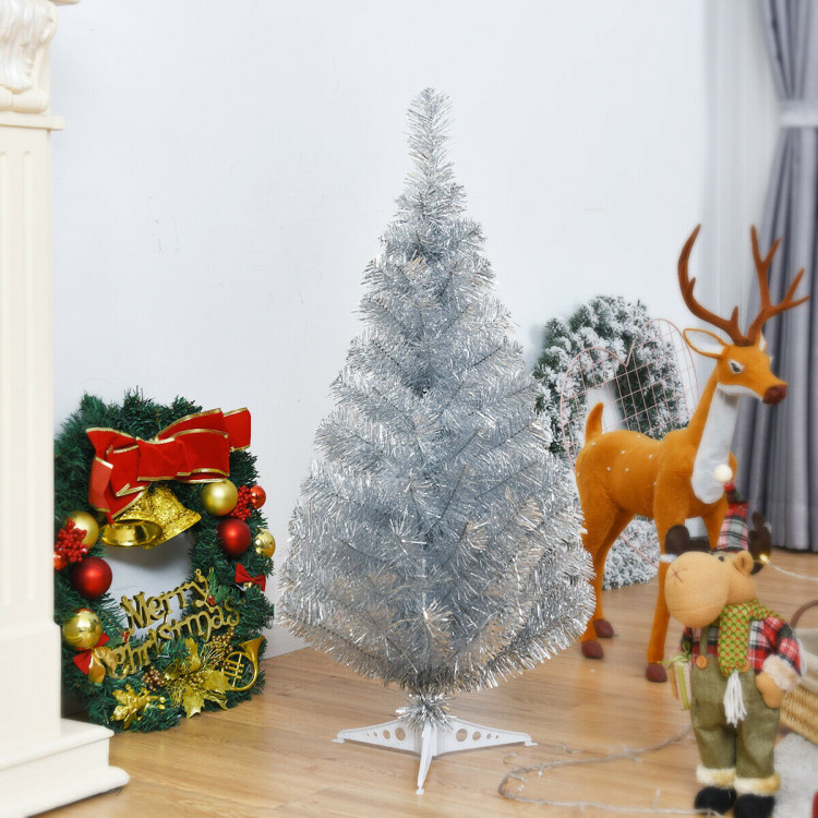 3 Feet Silver Tinsel Christmas Tree with Plastic StandCostway Gallery View 7 of 10