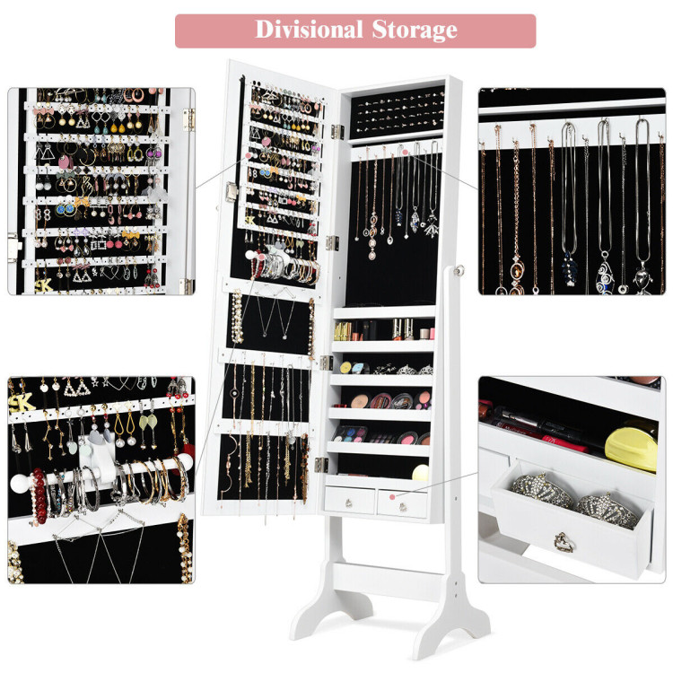 Lockable Mirrored Jewelry Cabinet Armoire Storage Organizer Box-WhiteCostway Gallery View 12 of 12