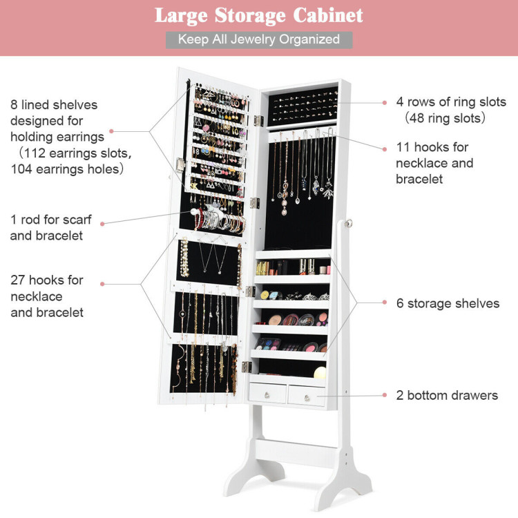 Lockable Mirrored Jewelry Cabinet Armoire Storage Organizer Box-WhiteCostway Gallery View 6 of 12