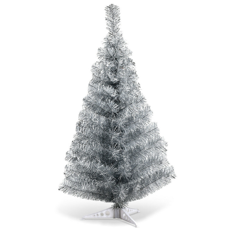 3 Feet Silver Tinsel Christmas Tree with Plastic StandCostway Gallery View 1 of 10