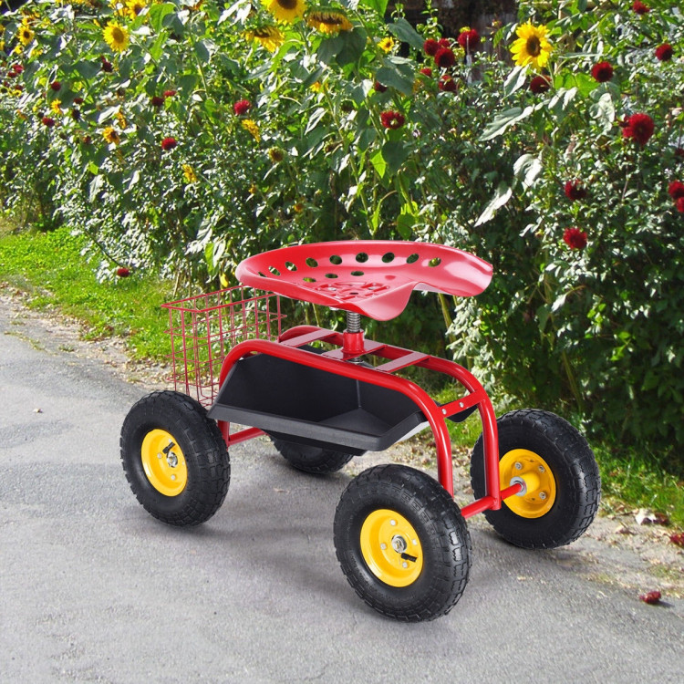 Red/Green Garden Cart Rolling Work Seat With Heavy Duty Tool Tray Gardening Planting-RedCostway Gallery View 2 of 7