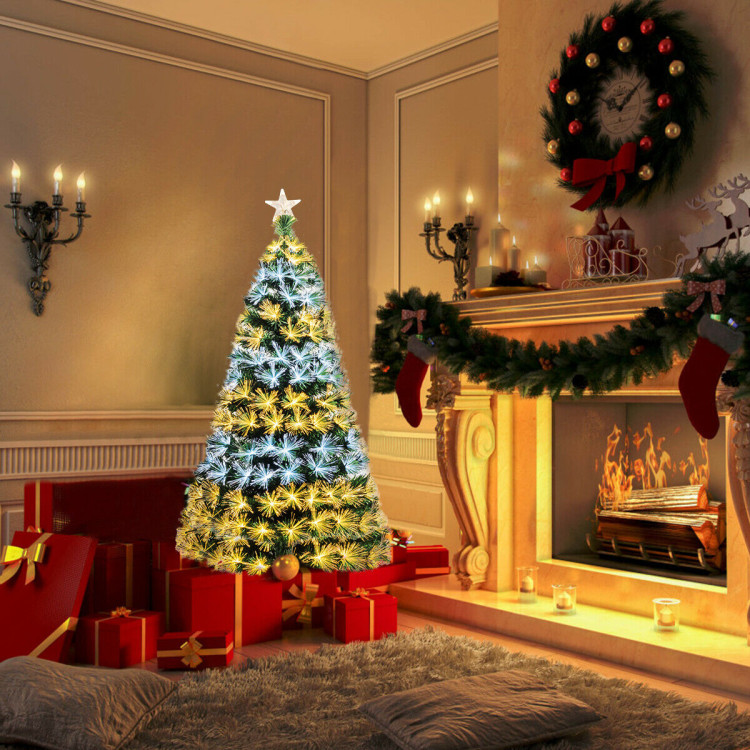 5' / 6' Pre-Lit Fiber Double-Color Lights Optic Christmas Tree-6'Costway Gallery View 7 of 11
