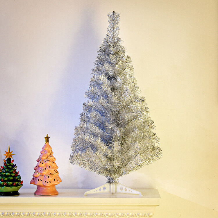 3 Feet Silver Tinsel Christmas Tree with Plastic StandCostway Gallery View 8 of 10