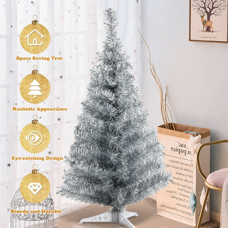 3 Feet Silver Tinsel Christmas Tree with Plastic StandCostway Gallery View 3 of 10