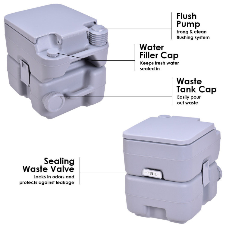 5 Gallon 20 L Outdoor / Indoor Potty Commode Portable Flush Toilet - Gray