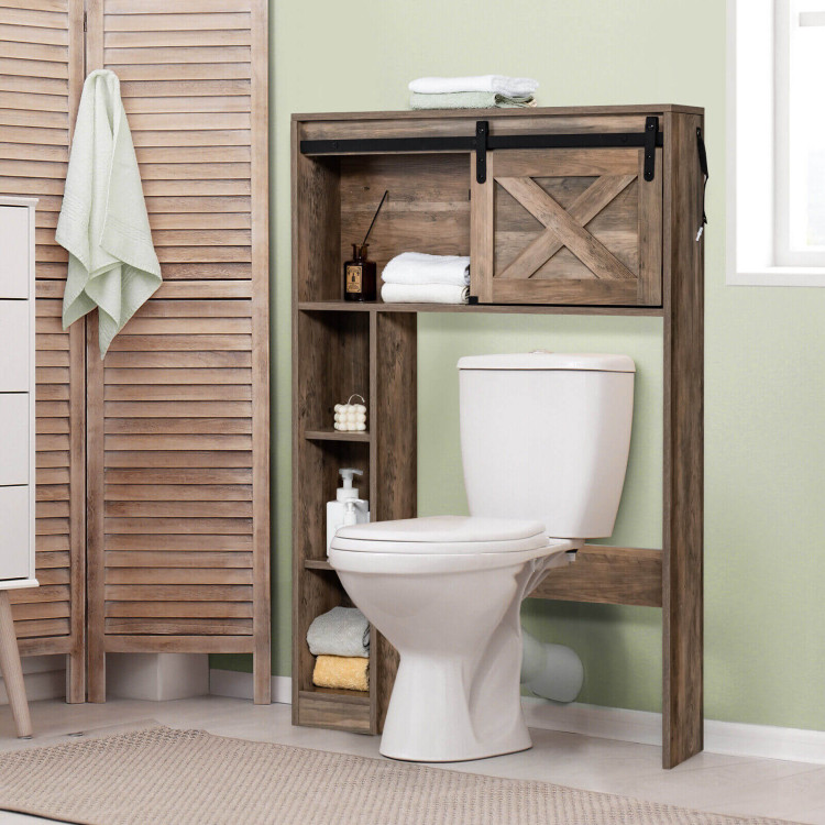 4-Tier Over The Toilet Storage Cabinet with Sliding Barn Door and Storage Shelves-BrownCostway Gallery View 2 of 10