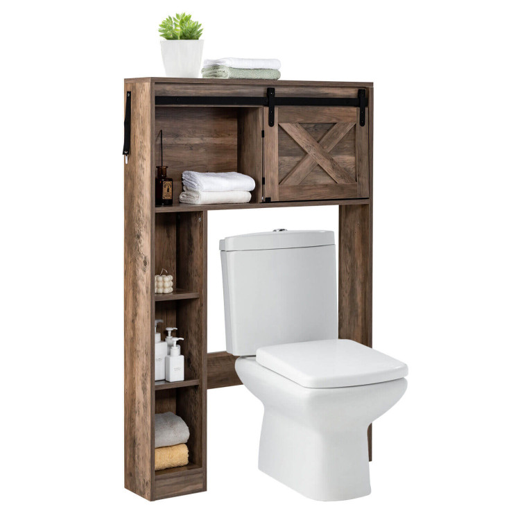 4-Tier Over The Toilet Storage Cabinet with Sliding Barn Door and Storage Shelves-BrownCostway Gallery View 7 of 10