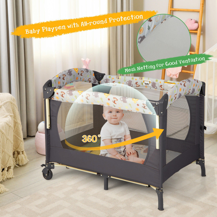 3-in-1 Convertible Portable Baby Playard with Music Box and Wheel and Brakes-Dark GrayCostway Gallery View 3 of 10