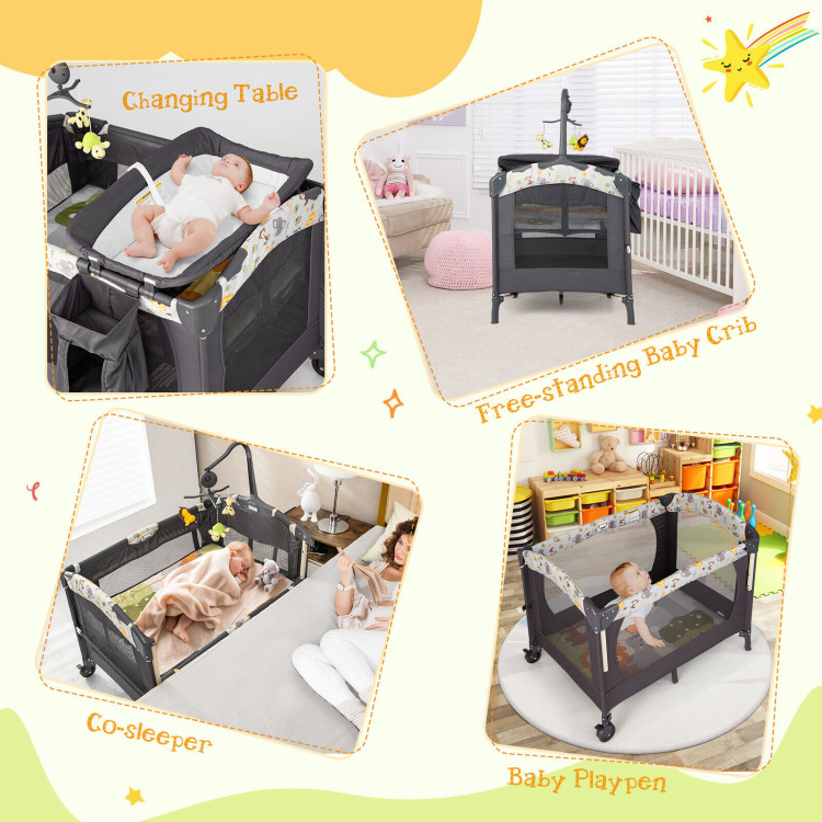 3-in-1 Convertible Portable Baby Playard with Music Box and Wheel and Brakes-Dark GrayCostway Gallery View 8 of 10