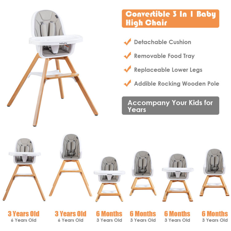 3-in-1 Convertible Wooden Baby High Chair-GrayCostway Gallery View 5 of 12