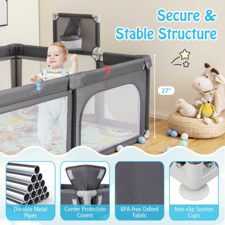 Durable Large Baby Playpen with Mat and Ocean Balls-Dark gray