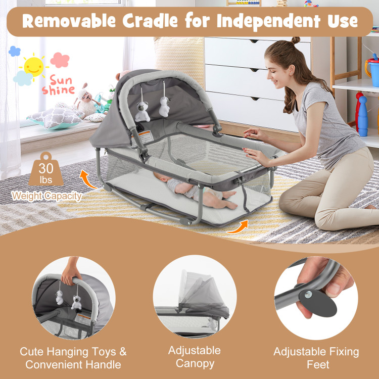Costway- 5-in-1 Portable Baby Playpen with Cradle and Storage Basket-Gray - Versatile, Convenient, and Stylish Baby Playpen