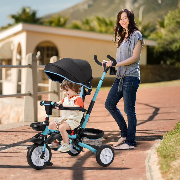 6-in-1 Detachable Kids Baby Stroller Tricycle with Canopy and Safety Harness-BlueCostway Gallery View 2 of 10