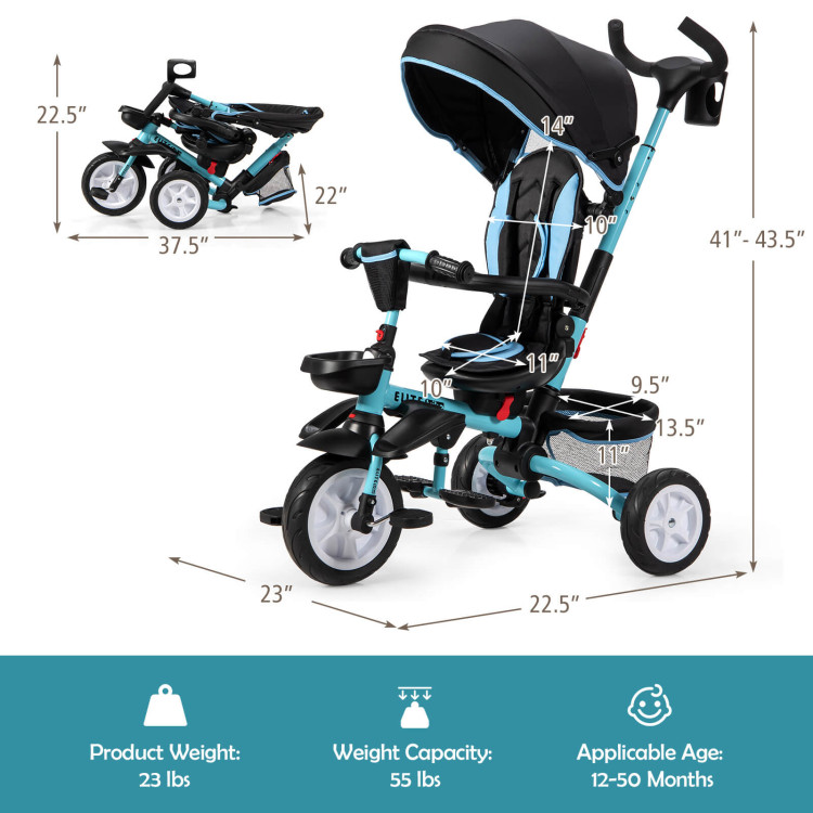 6-in-1 Detachable Kids Baby Stroller Tricycle with Canopy and Safety Harness-BlueCostway Gallery View 4 of 10