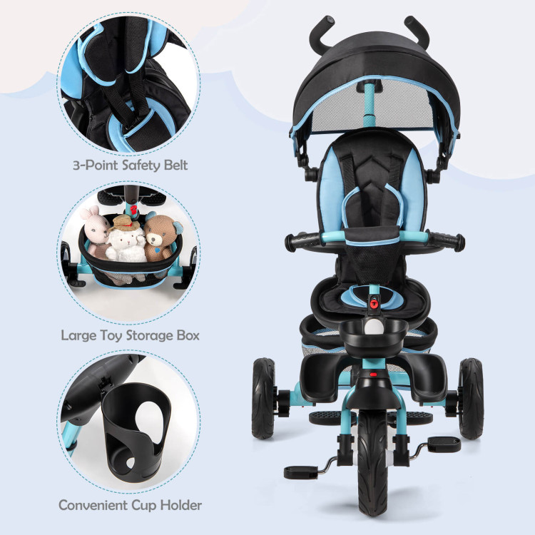 6-in-1 Detachable Kids Baby Stroller Tricycle with Canopy and Safety Harness-BlueCostway Gallery View 7 of 10