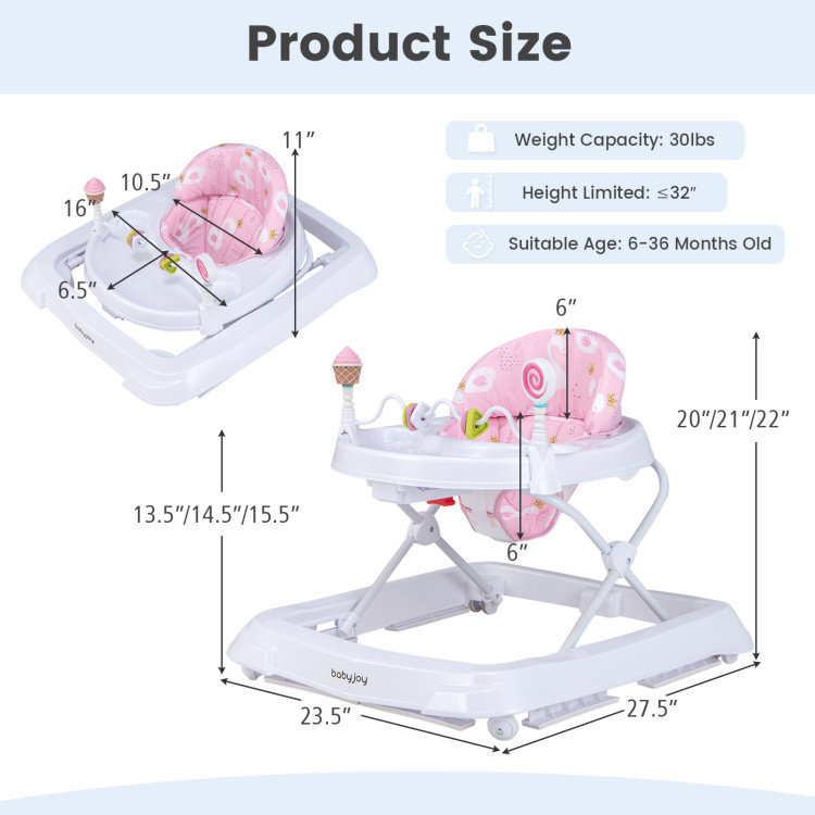 Foldable Baby Activity Walker with Adjustable Height and Detachable Seat Cushion-Gray | Costway